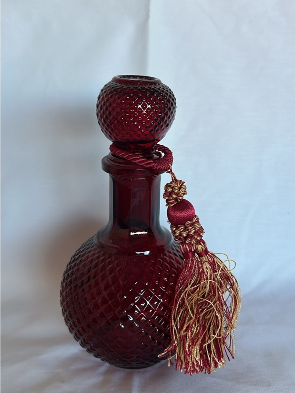 Deep Red Cut Glass Decanter with Tassel